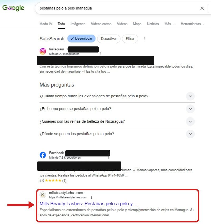 Mills Beauty Lashes apareciendo en primer lugar en Google para pestañas pelo a pelo en Managua